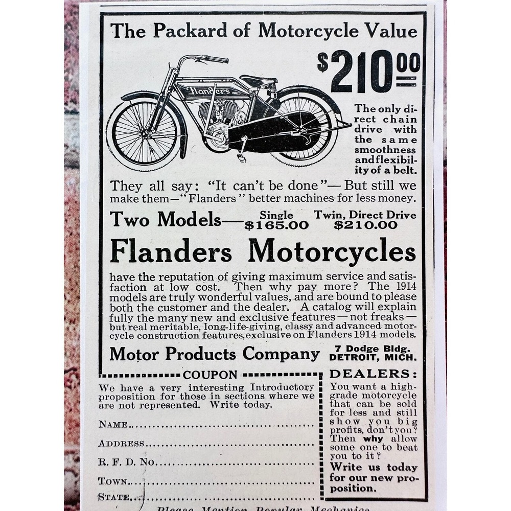 1914 Flanders Motorcycles - $210 - Original Antique Vtg PRINT AD